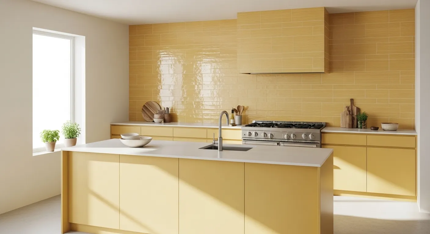 Sleek minimalist kitchen featuring soft butter yellow cabinets and clean white countertops
