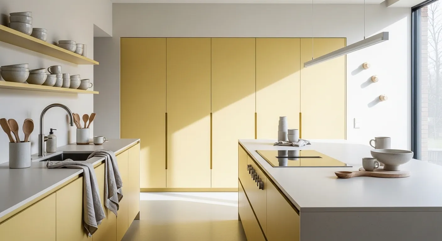 Sleek minimalist kitchen featuring soft butter yellow cabinetry and clean white countertops
