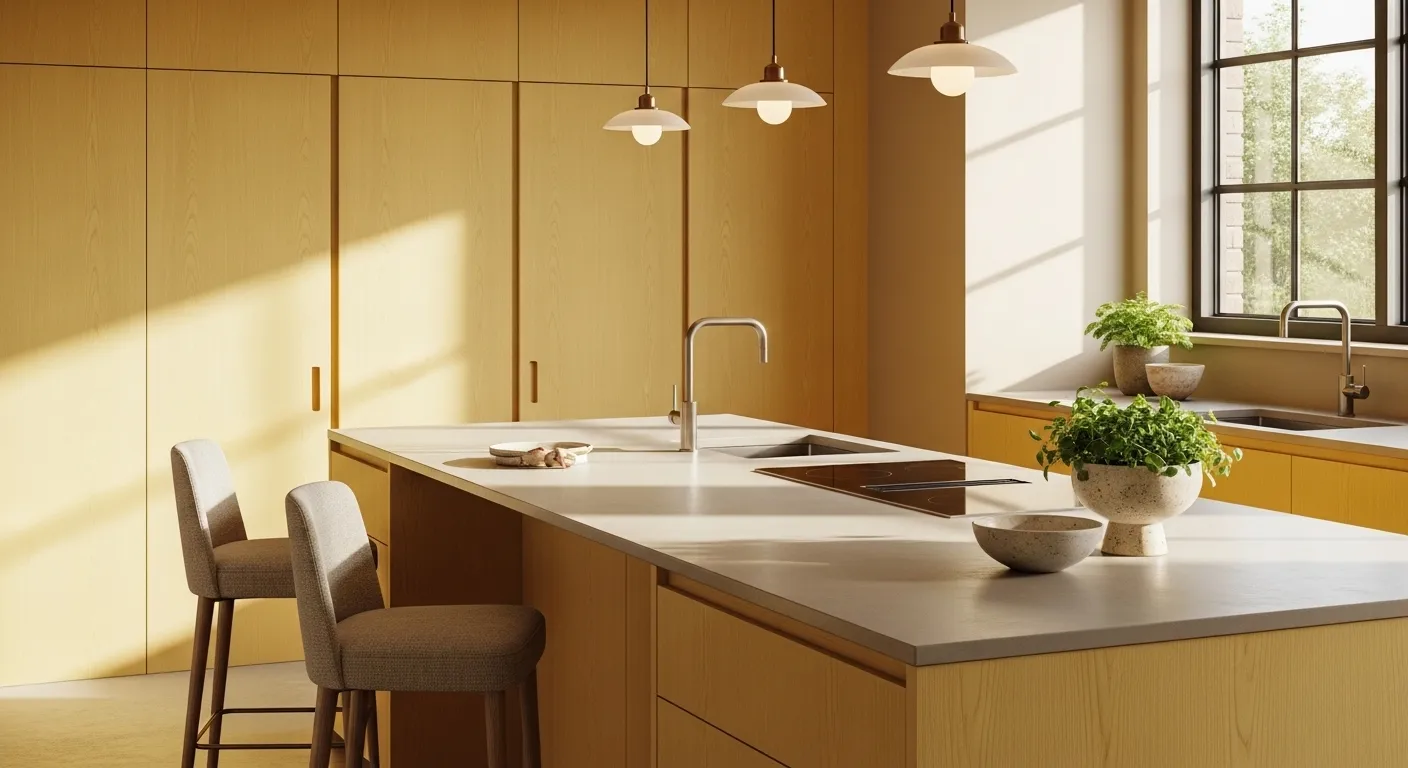 Modern minimalist kitchen featuring sleek butter yellow cabinetry and white countertops