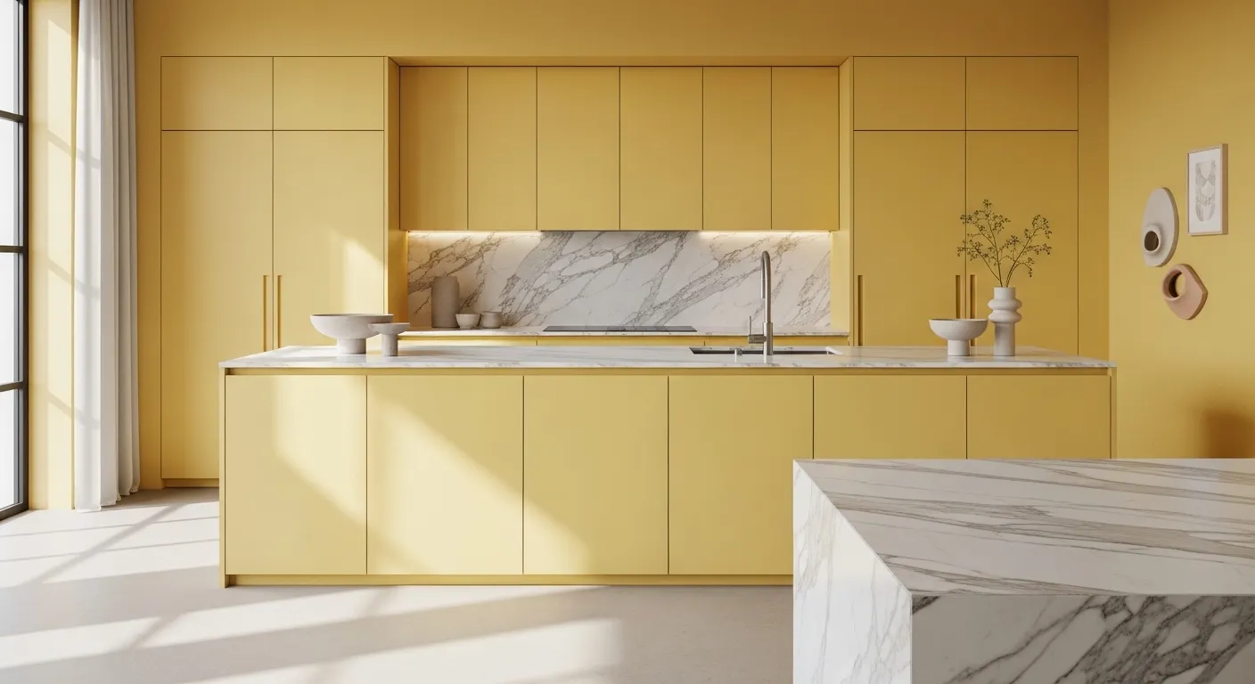 Sleek minimalist kitchen featuring soft butter yellow cabinetry and white quartz countertops