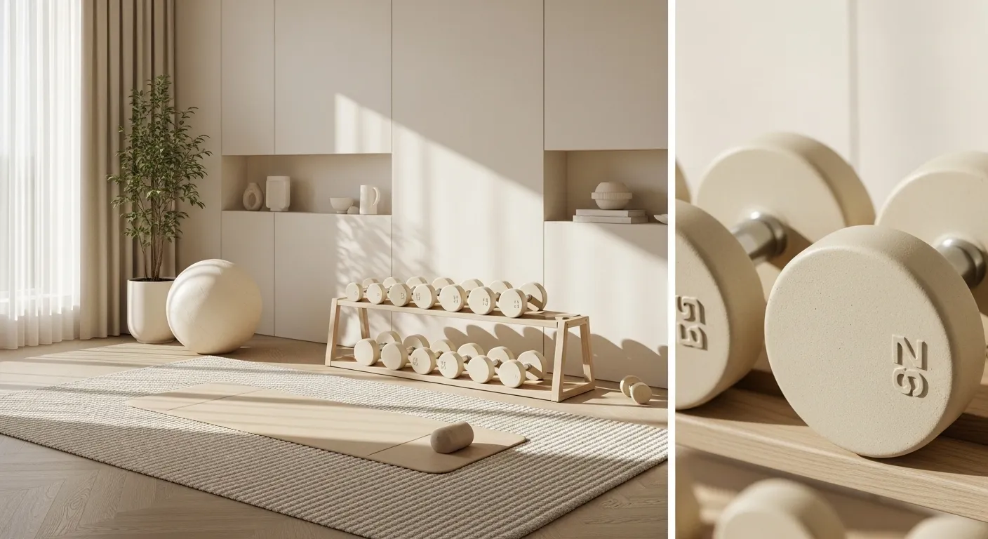 Minimalist home gym with cream walls and sleek workout equipment