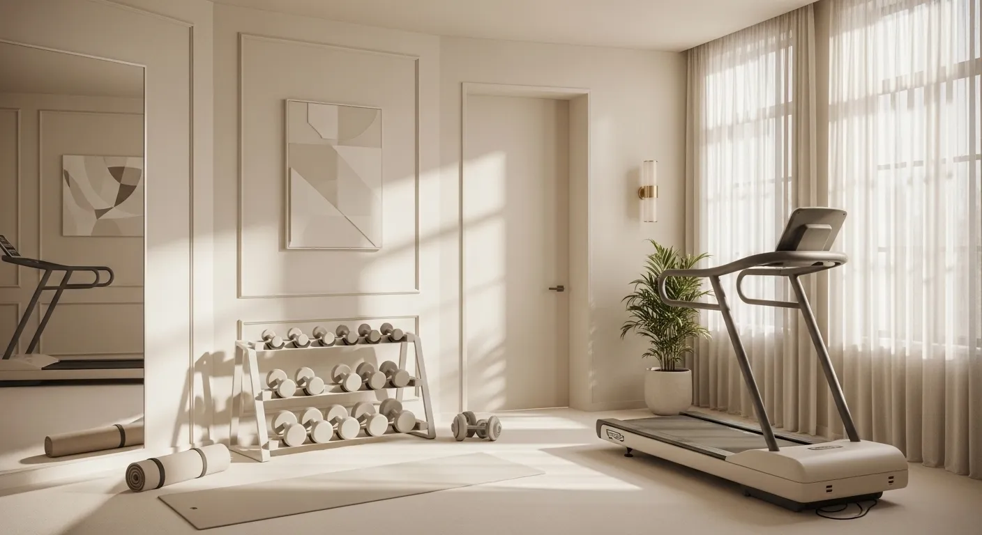 Bright minimalist home gym featuring cream walls and streamlined fitness equipment