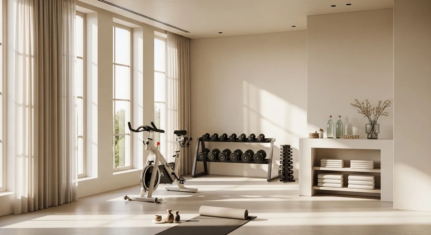 Serene minimalist home gym with cream walls and light wood accents