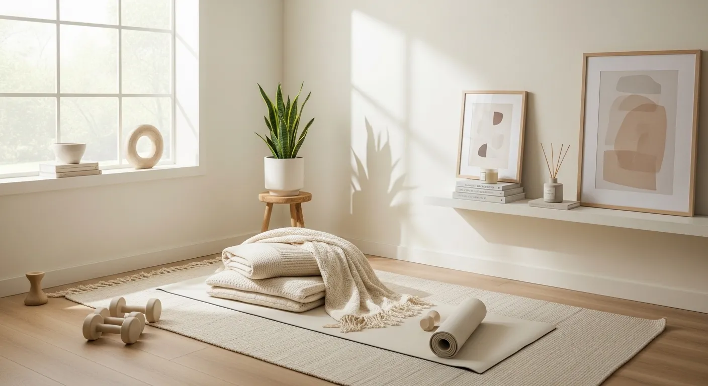 Serene minimalist home gym with cream walls, sleek equipment, and soft natural lighting