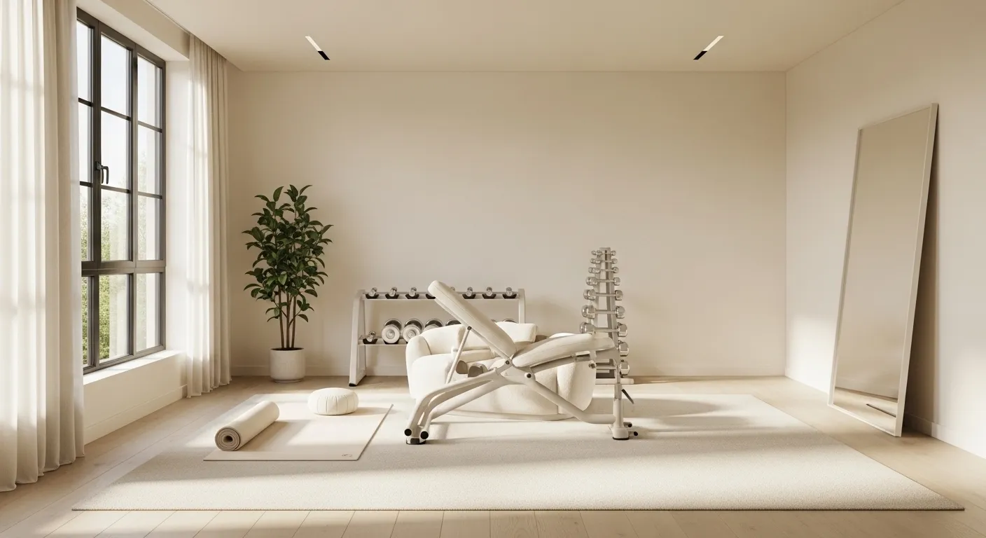 Serene minimalist home gym with cream walls and sleek workout equipment