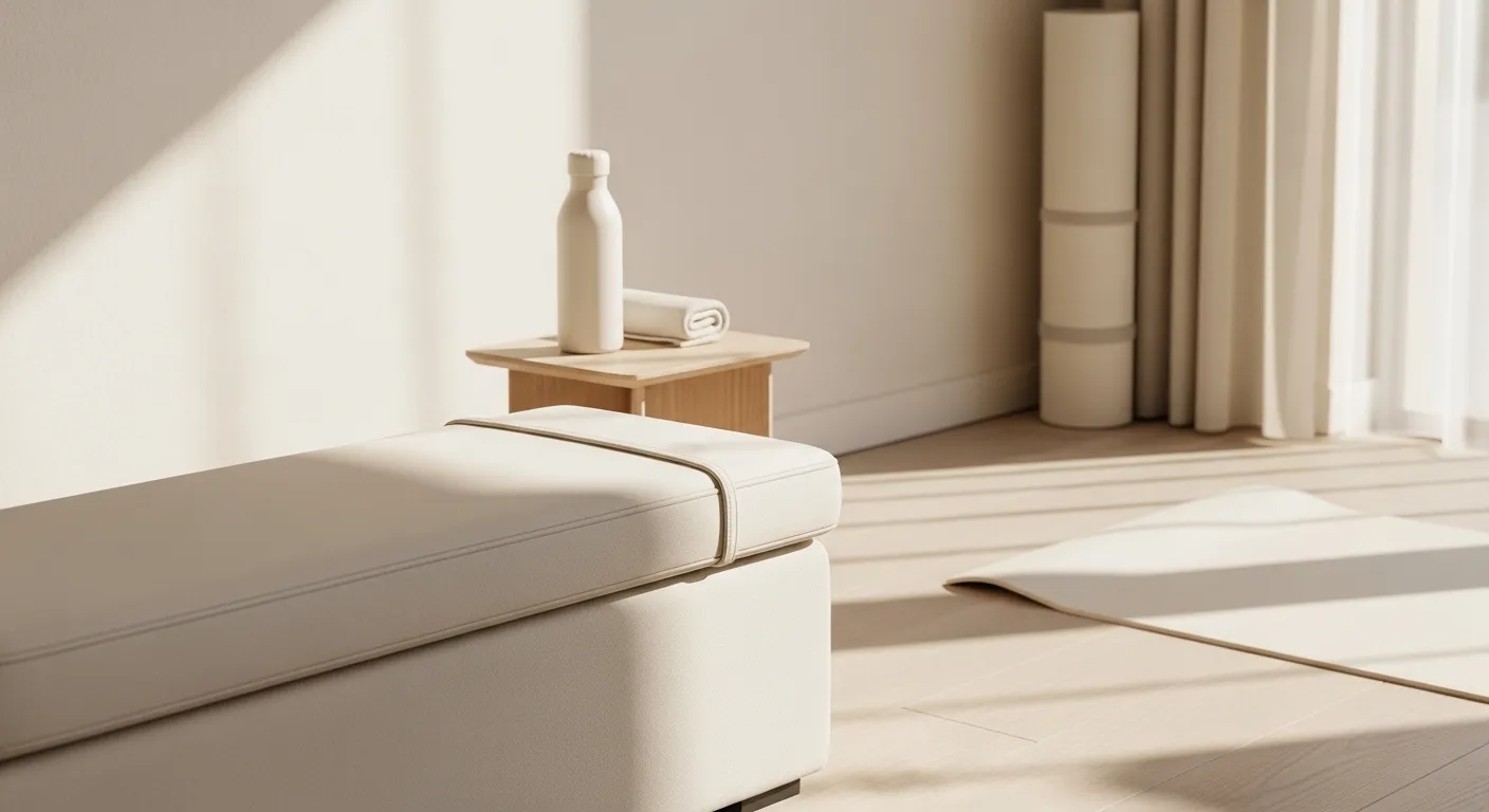 Serene minimalist home gym featuring cream walls and sleek workout equipment