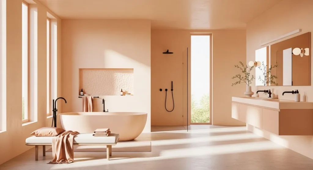 Minimalist bathroom featuring creamy peach walls and a sleek floating vanity