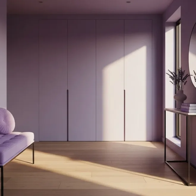 Minimalist lavender entryway with upholstered bench, slim console, and round mirror