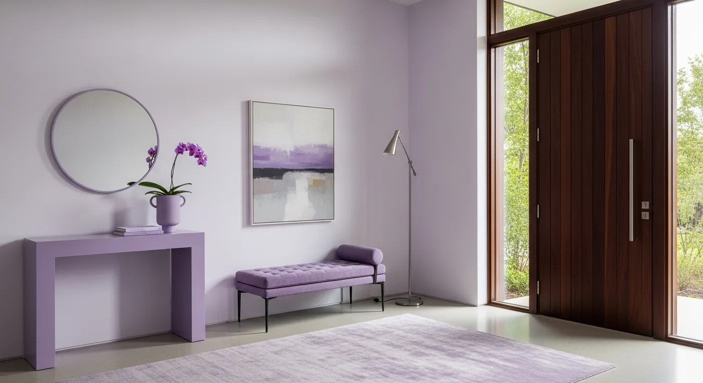 Minimalist lavender entryway with purple bench, console table, round mirror, and rug