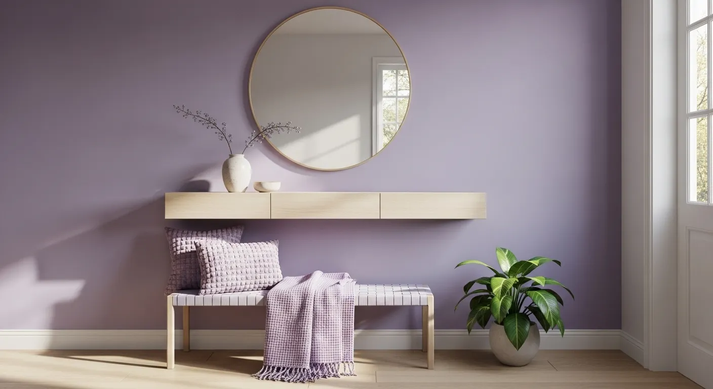 Minimalist lavender entryway with bench, round mirror, floating shelf, plant.