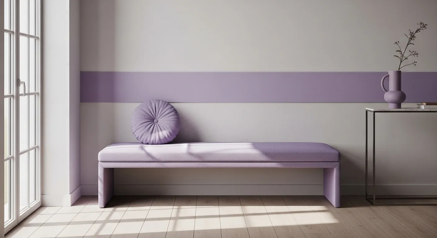 Minimalist entryway with lavender bench, accent stripe wall, and console table