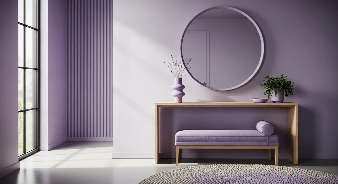Minimalist lavender entryway with wood console, round mirror, and bench
