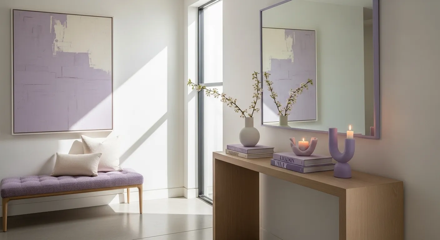 Minimalist entryway with lavender bench, wood console, mirror, and candles