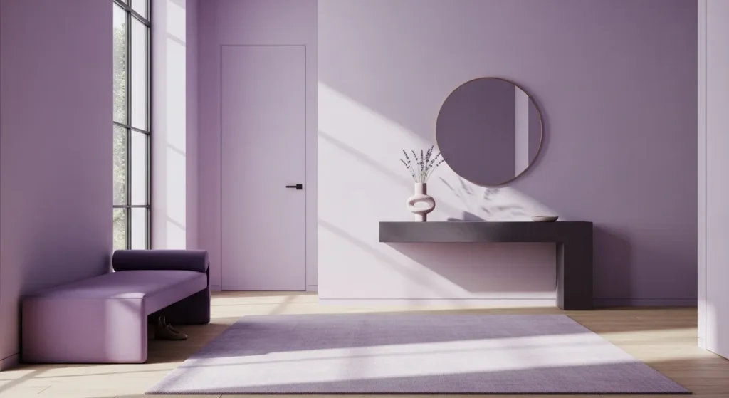 Minimalist lavender entryway with floating console, round mirror, and bench