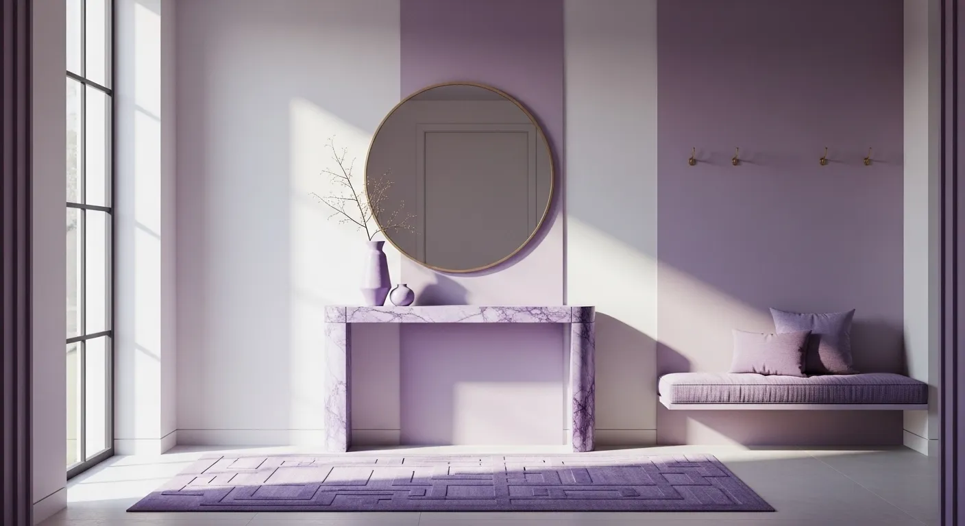 Minimalist lavender entryway with marble console, round mirror, and cushioned bench
