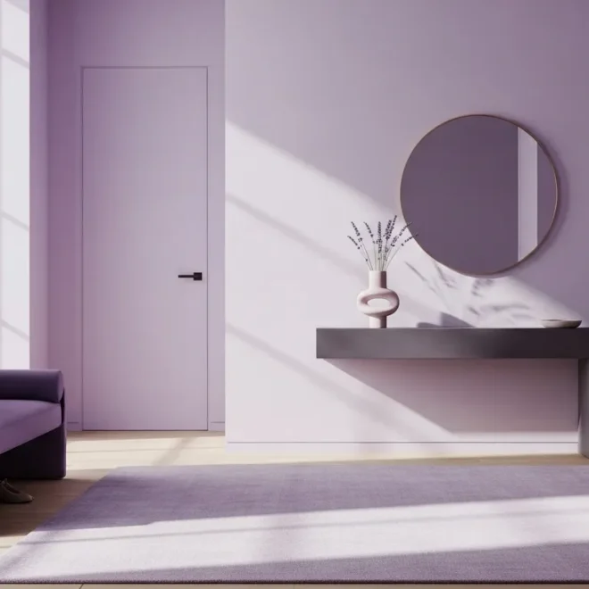 Minimalist lavender entryway with floating console, round mirror, and bench