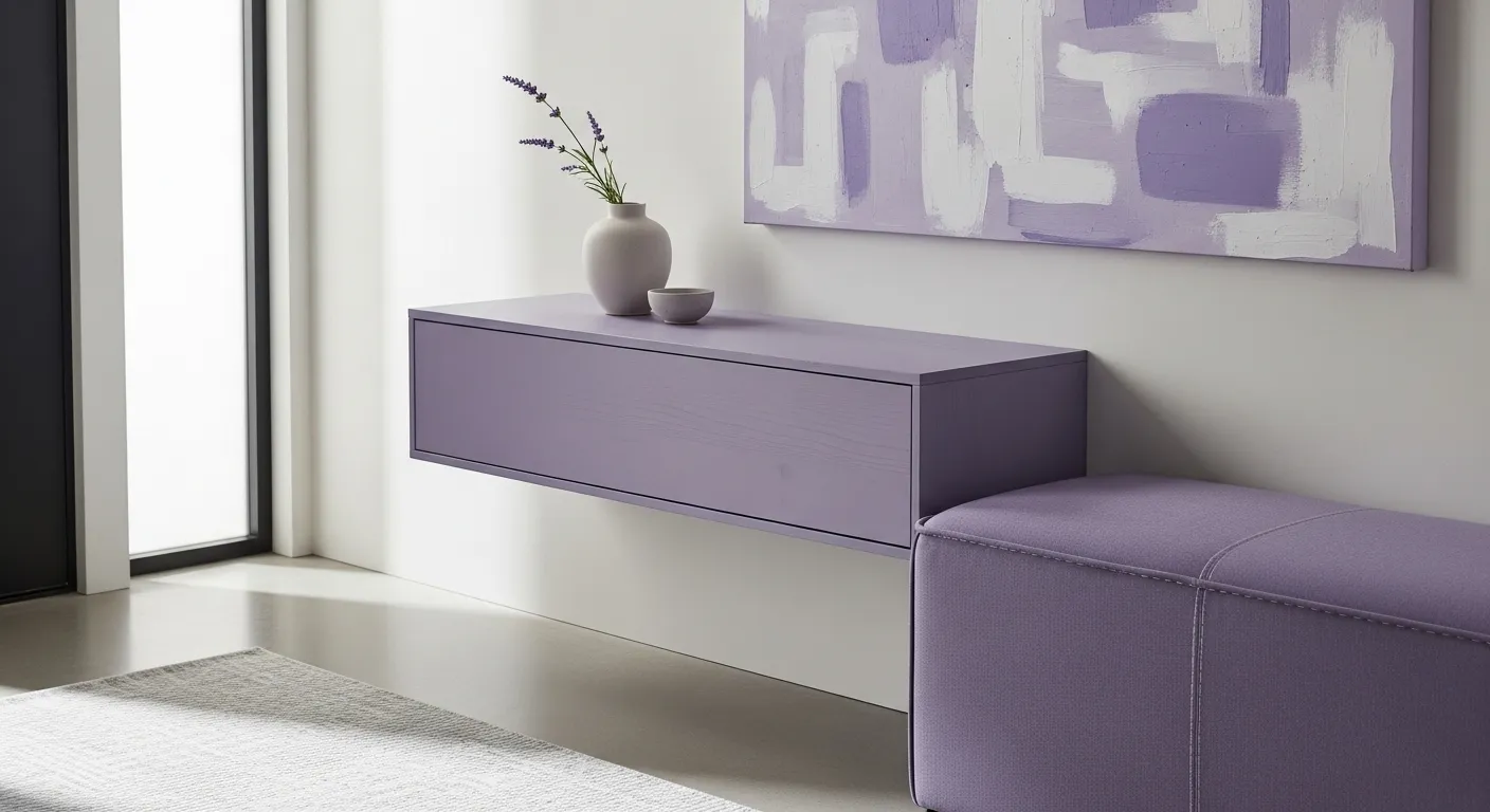 Minimalist lavender entryway with floating console, ottoman bench, and abstract art