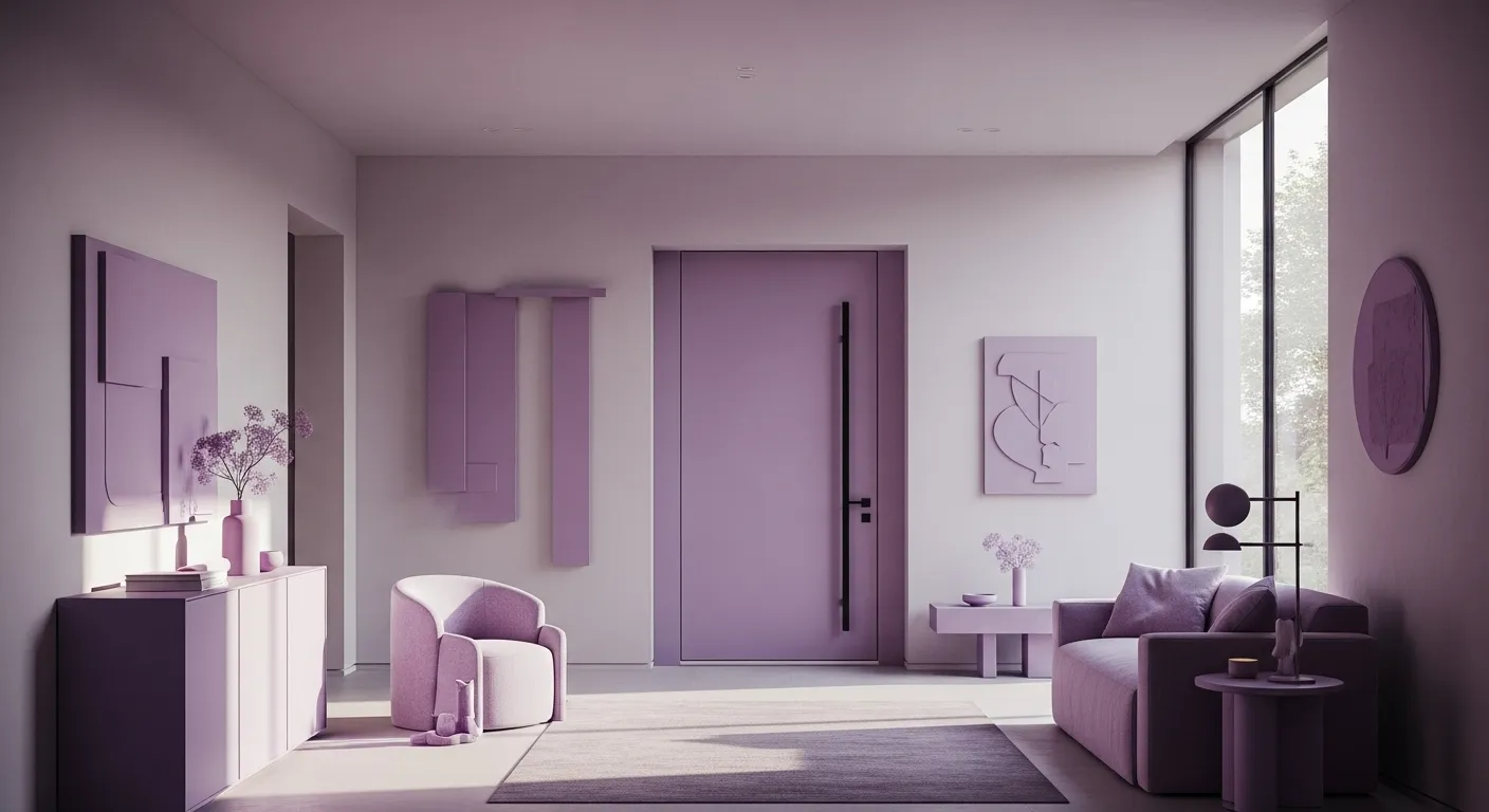 Minimalist lavender entryway with sleek console, accent chair, and modern sofa