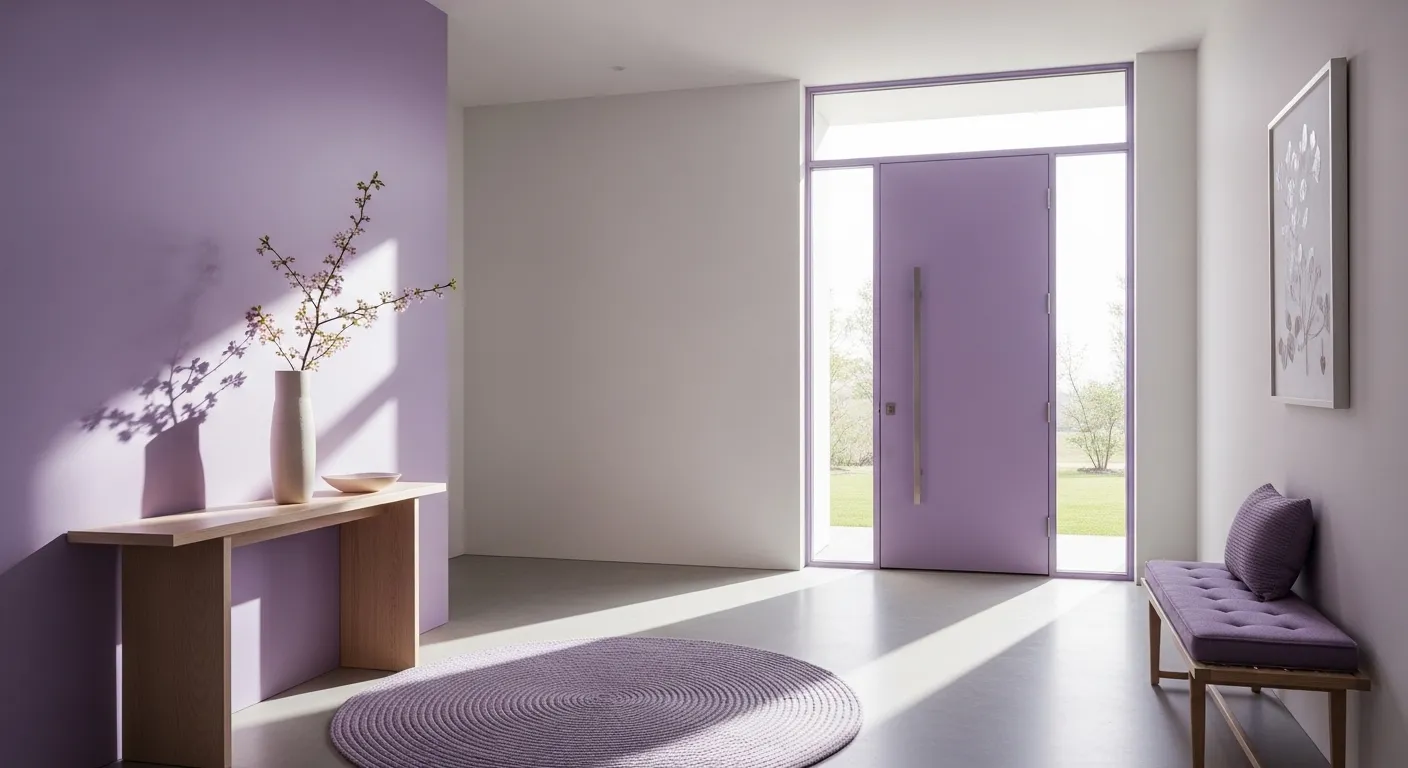 Minimalist lavender entryway with purple front door, console table, and round rug