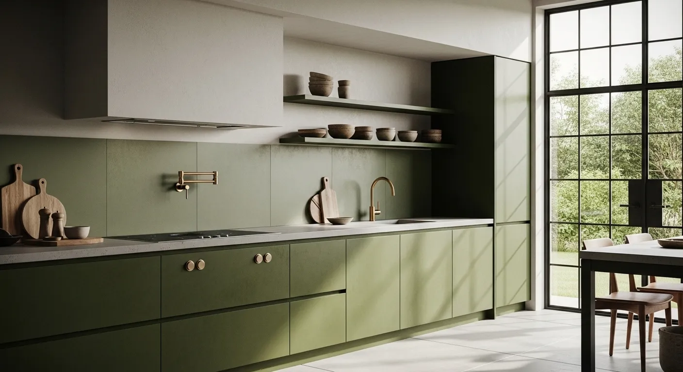 Sleek moss green kitchen cabinets with white stone countertops and natural light