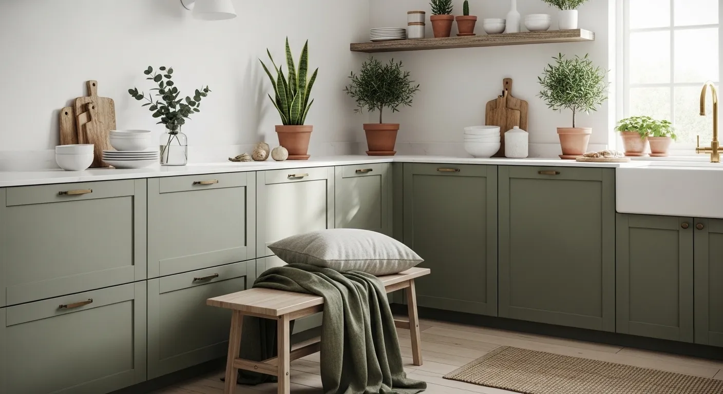 Sleek minimalist kitchen featuring matte moss green cabinetry and clean white countertops