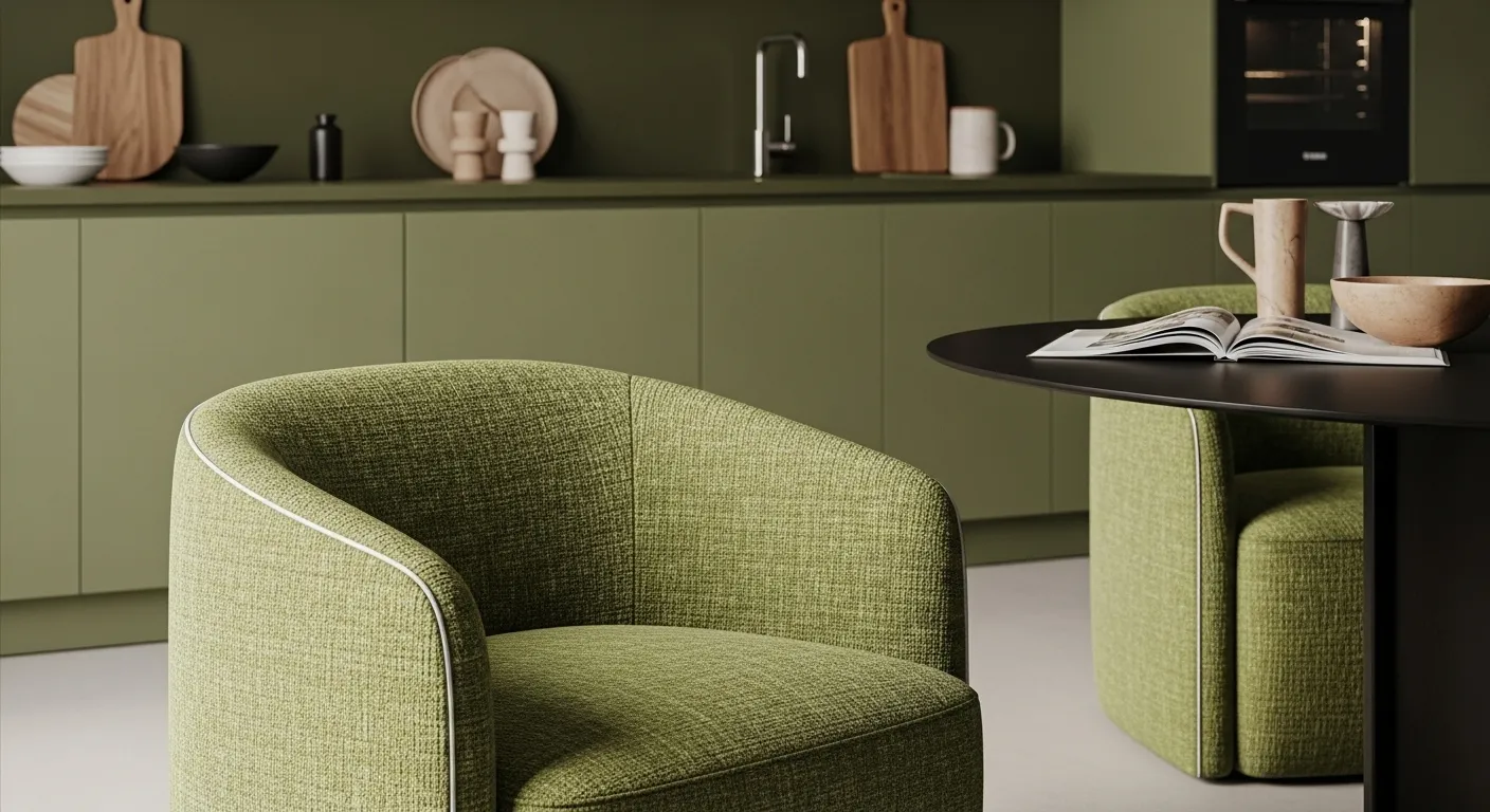 Sleek minimalist kitchen featuring moss green flat-panel cabinets and white countertops