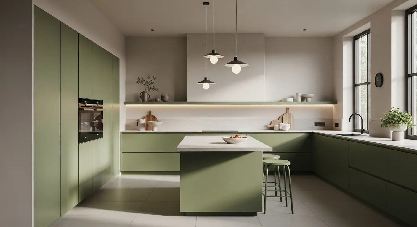 Sleek minimalist kitchen featuring matte moss green cabinets and clean white stone countertops