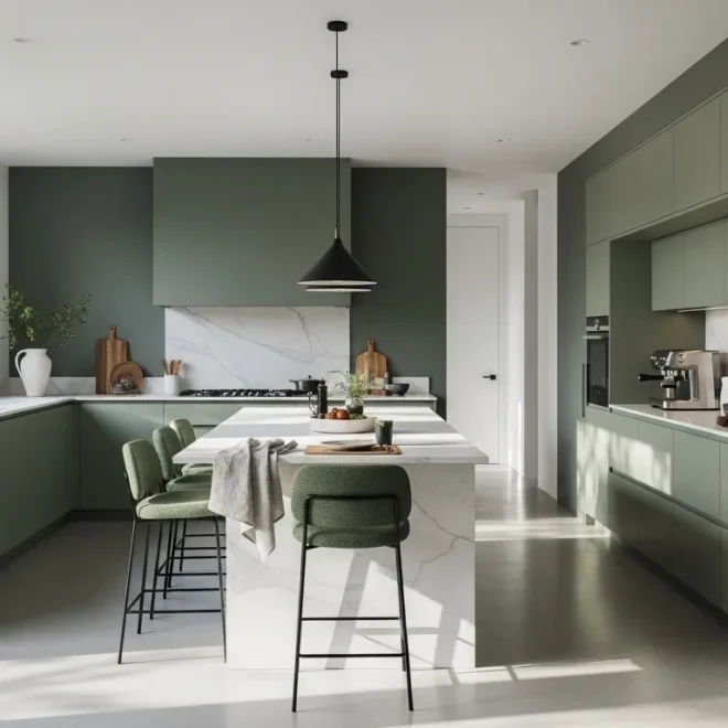 Sleek minimalist kitchen featuring matte moss green cabinets and white stone countertops