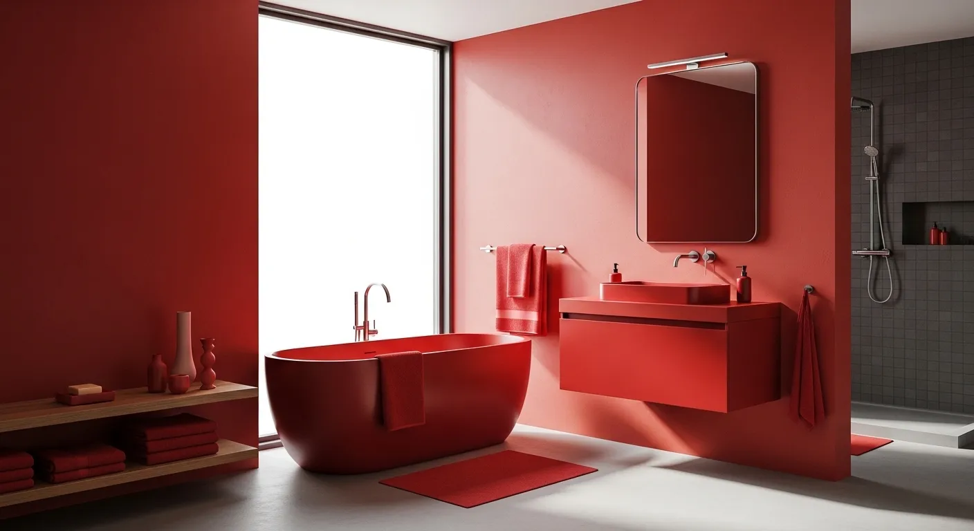 Sleek minimalist bathroom featuring bold red tiles and modern white fixtures