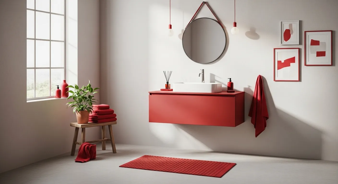 Sleek minimalist bathroom featuring bold red wall tiles and modern white fixtures