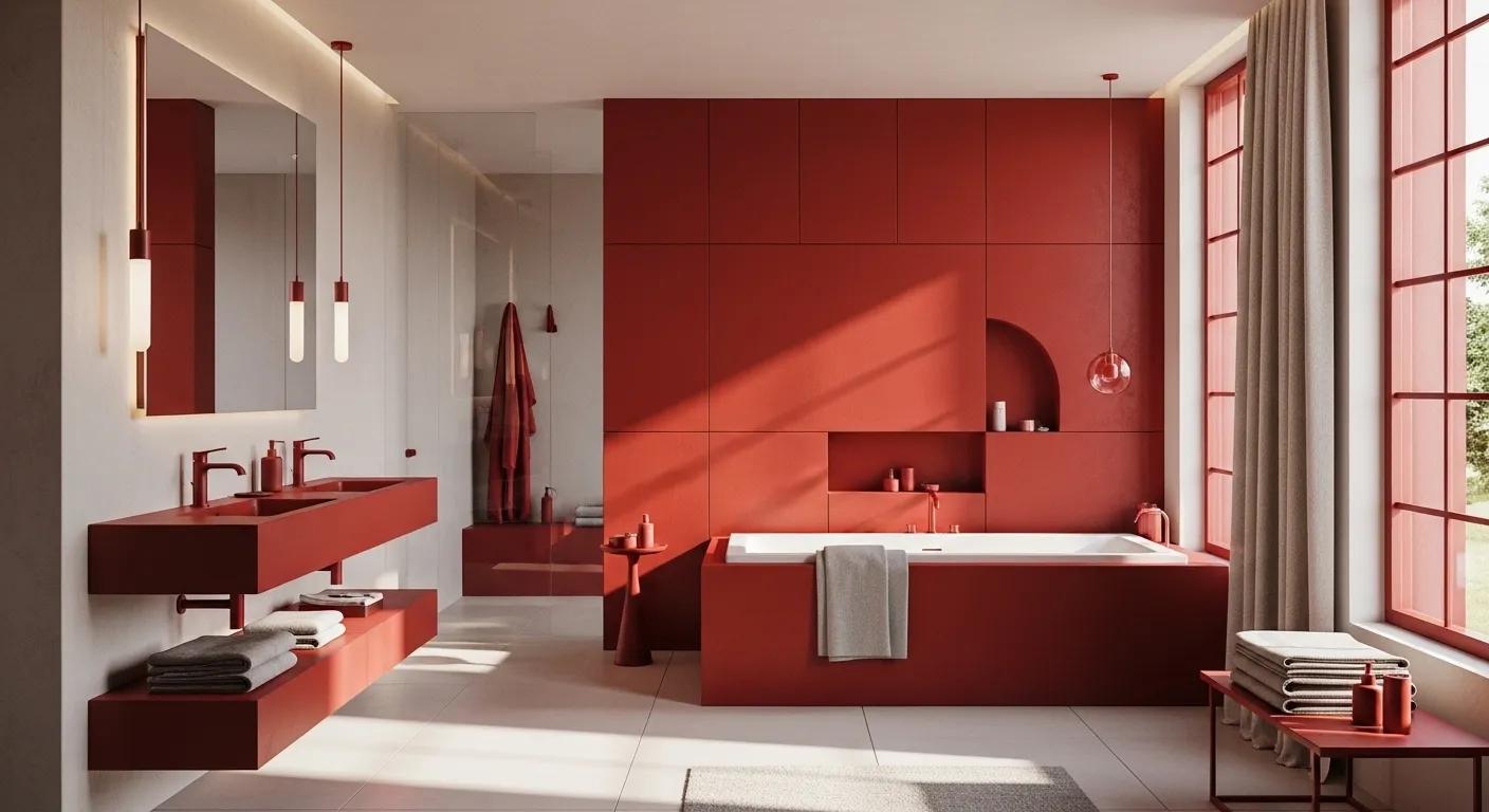 Modern minimalist bathroom featuring bold red tiles and sleek white fixtures