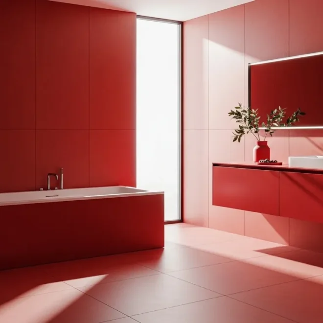 Sleek minimalist bathroom featuring bold red wall tiles and a white floating vanity