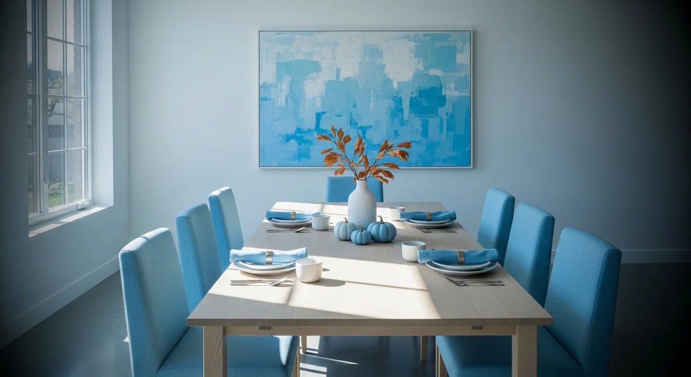 Minimalist dining room with sky blue chairs, pale wood table, abstract art