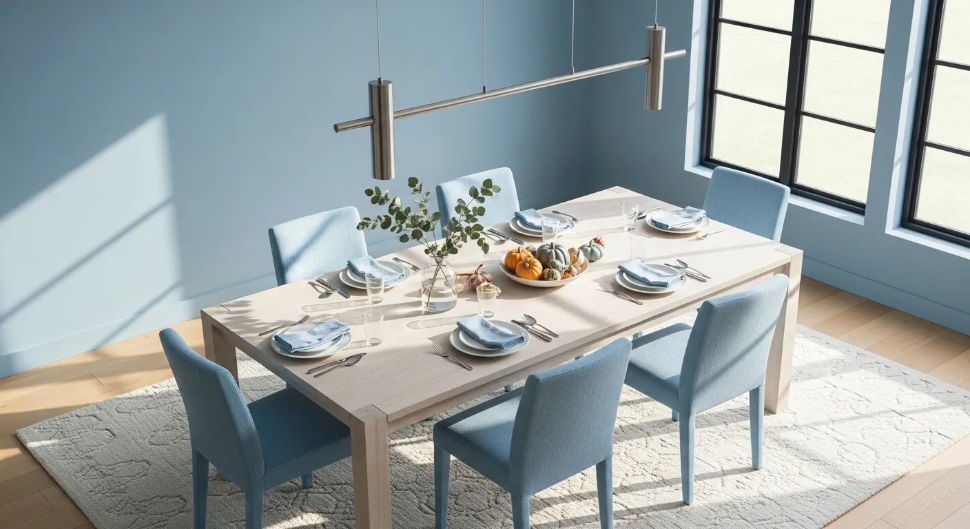 Minimalist sky blue dining room with light wood table and blue chairs