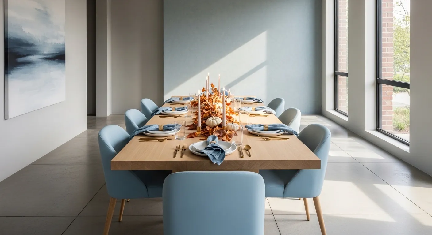 Minimalist dining room with sky-blue chairs, light wood table, and sunlight