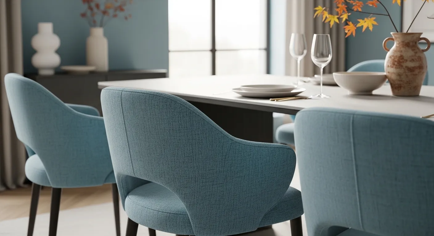 Minimalist dining room with sky blue upholstered chairs and modern table setting