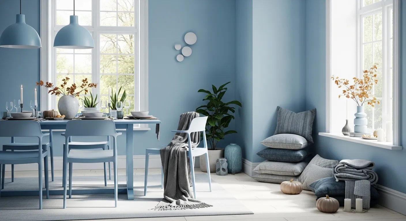 Minimalist sky blue dining room with blue table, pendants, and large windows