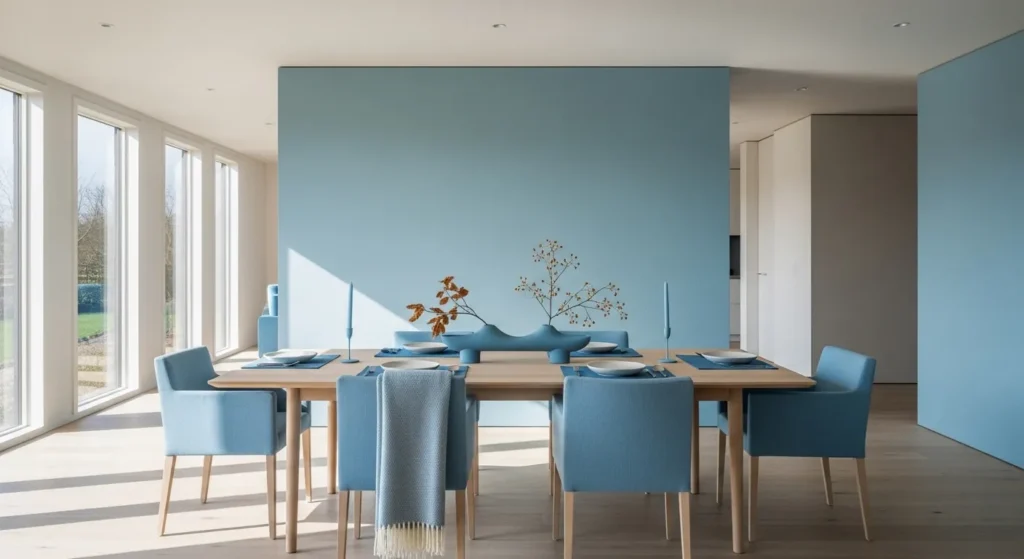Minimalist dining room with sky blue wall, wood table, and blue chairs