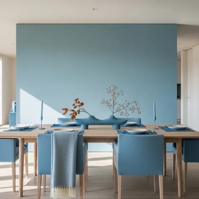 Minimalist dining room with sky blue wall, wood table, and blue chairs