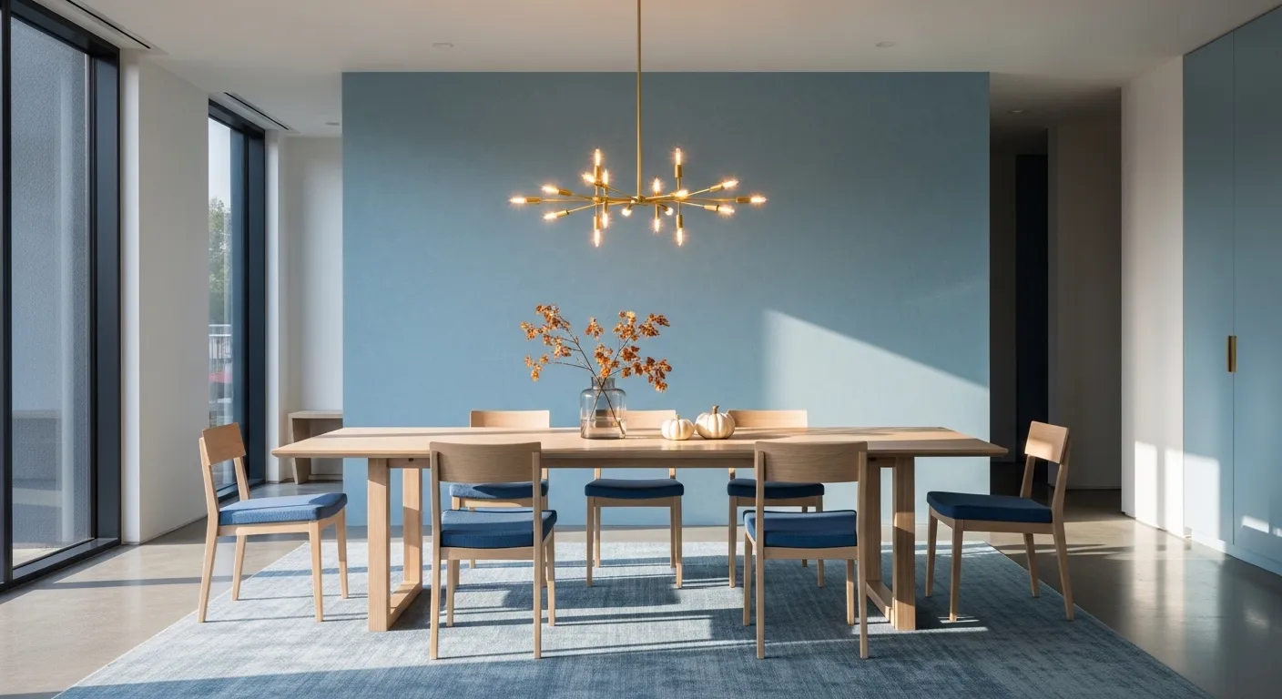 Minimalist dining room with sky blue wall, wood table, blue chairs