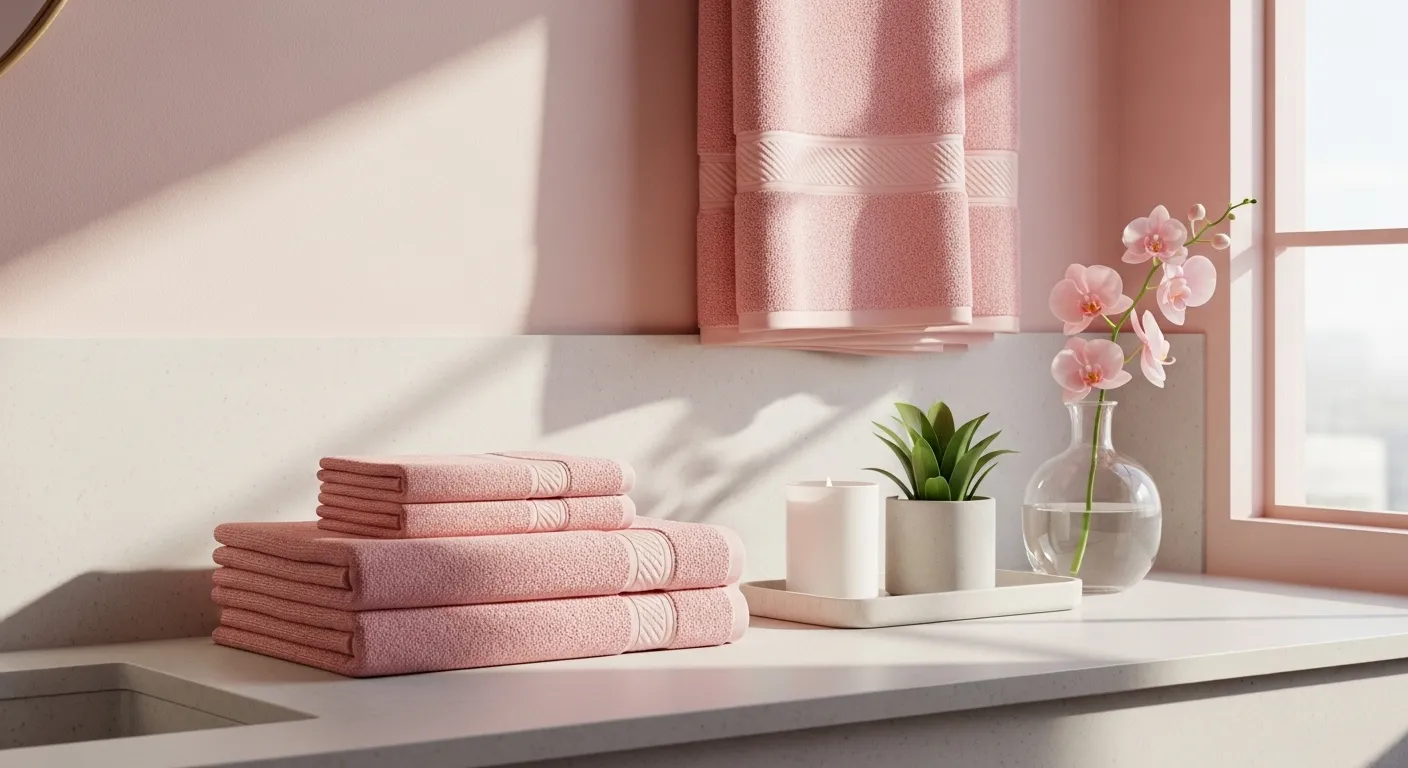Soft pink minimalist bathroom counter with folded towels, candle, plant, orchid