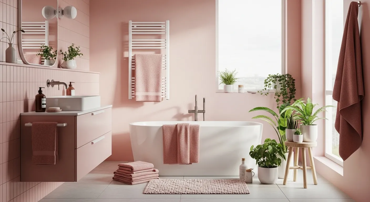 Minimalist soft pink bathroom with freestanding tub, blush vanity, and plants