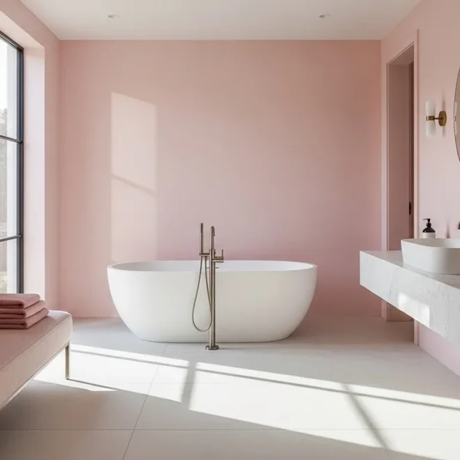 Minimalist soft pink bathroom with freestanding tub, floating vanity, round mirror