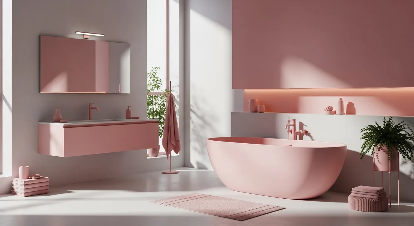 Minimalist soft pink bathroom with freestanding tub, floating vanity, and greenery