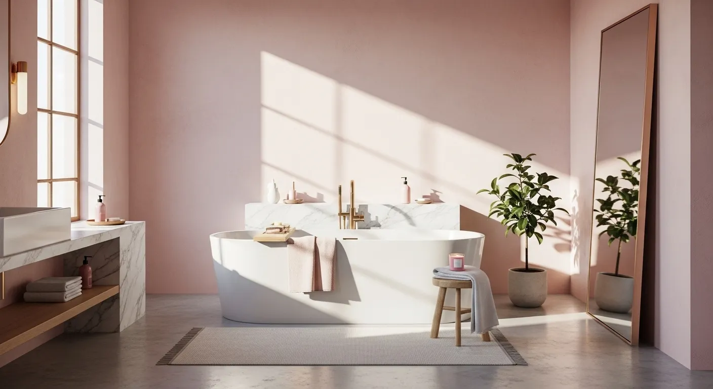 Minimalist soft pink bathroom with freestanding tub, marble vanity, brass fixtures