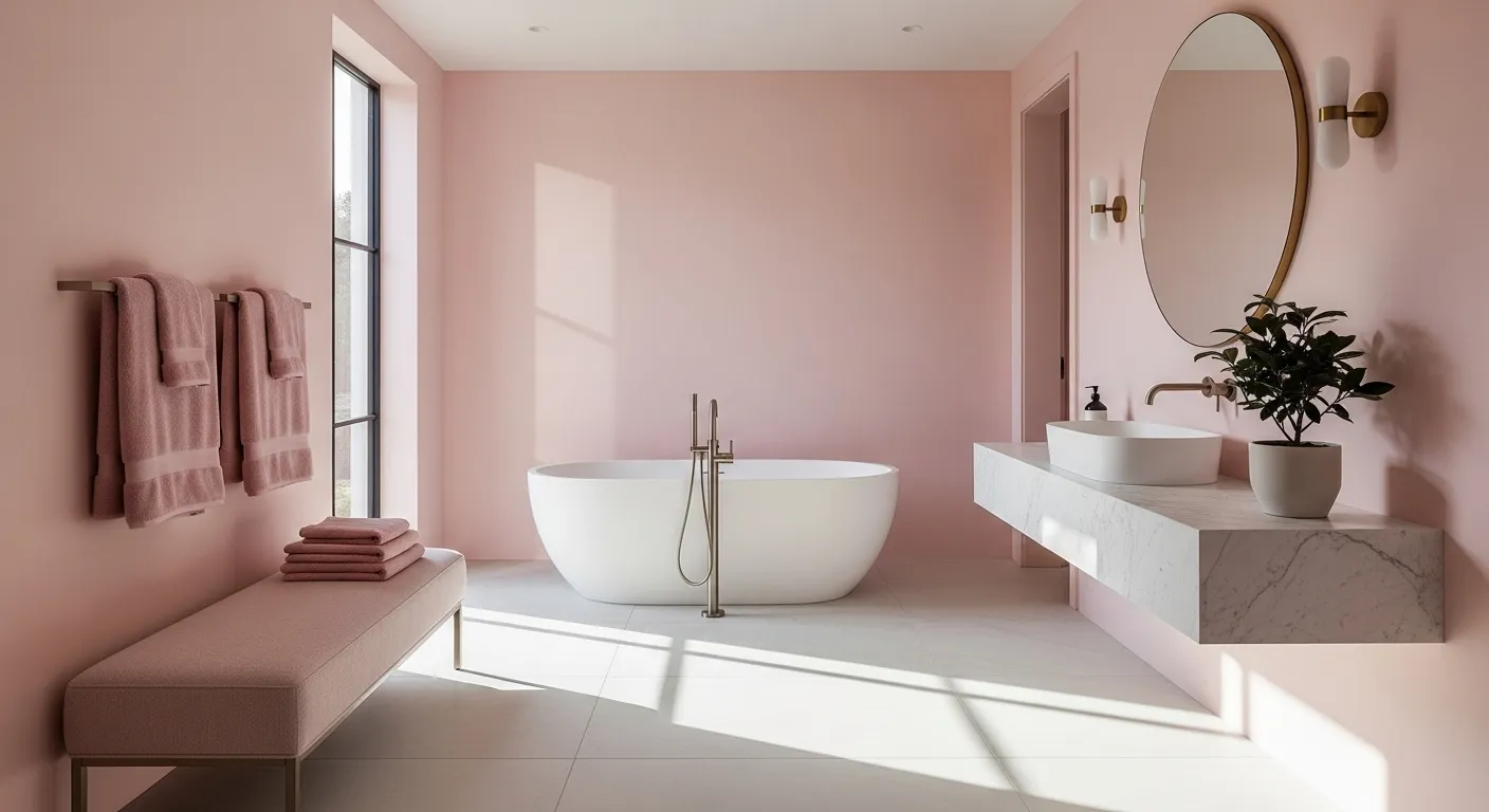 Minimalist soft pink bathroom with freestanding tub, floating vanity, round mirror