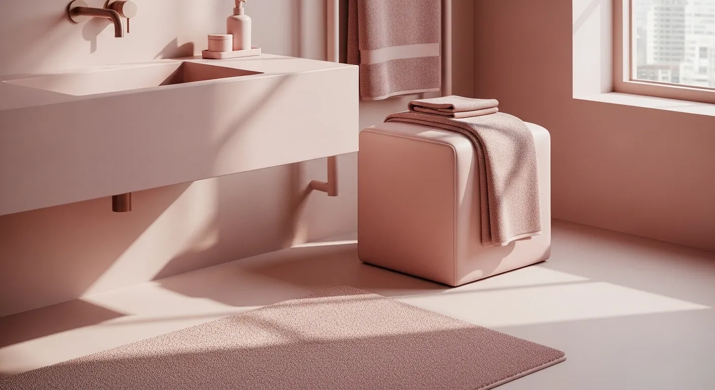 Soft pink minimalist bathroom with floating sink, cube stool, and towels