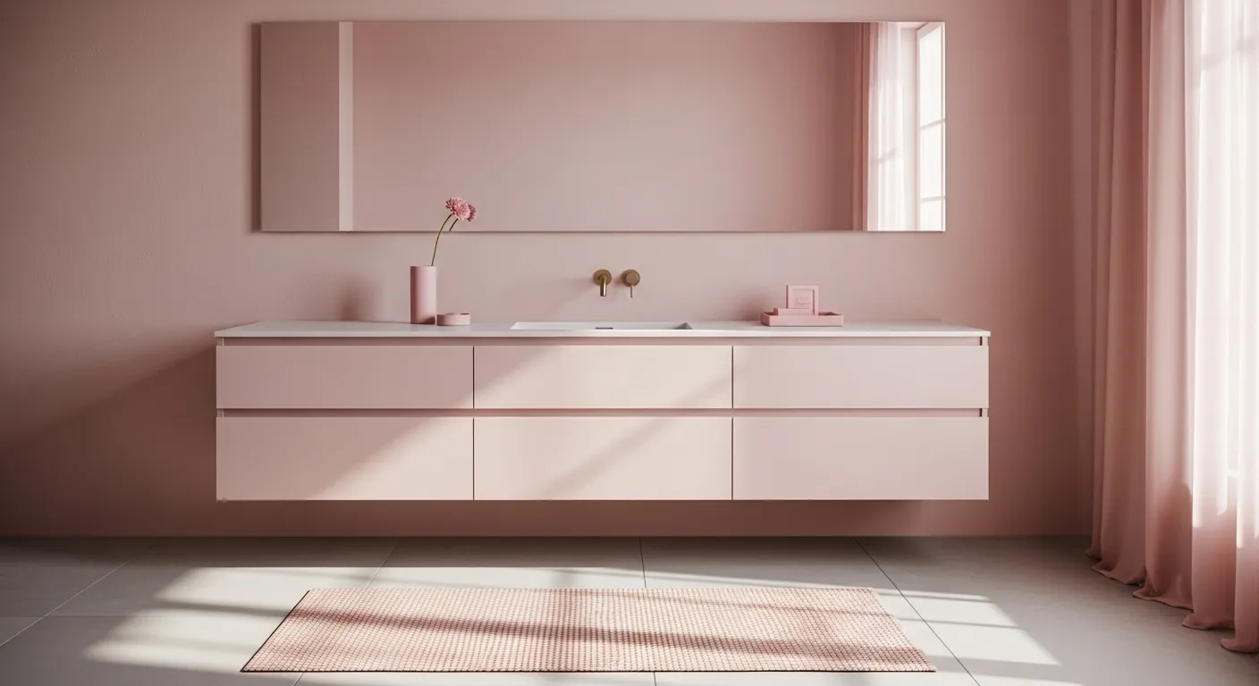 Minimalist soft pink bathroom with floating vanity, large mirror, and sheer curtains