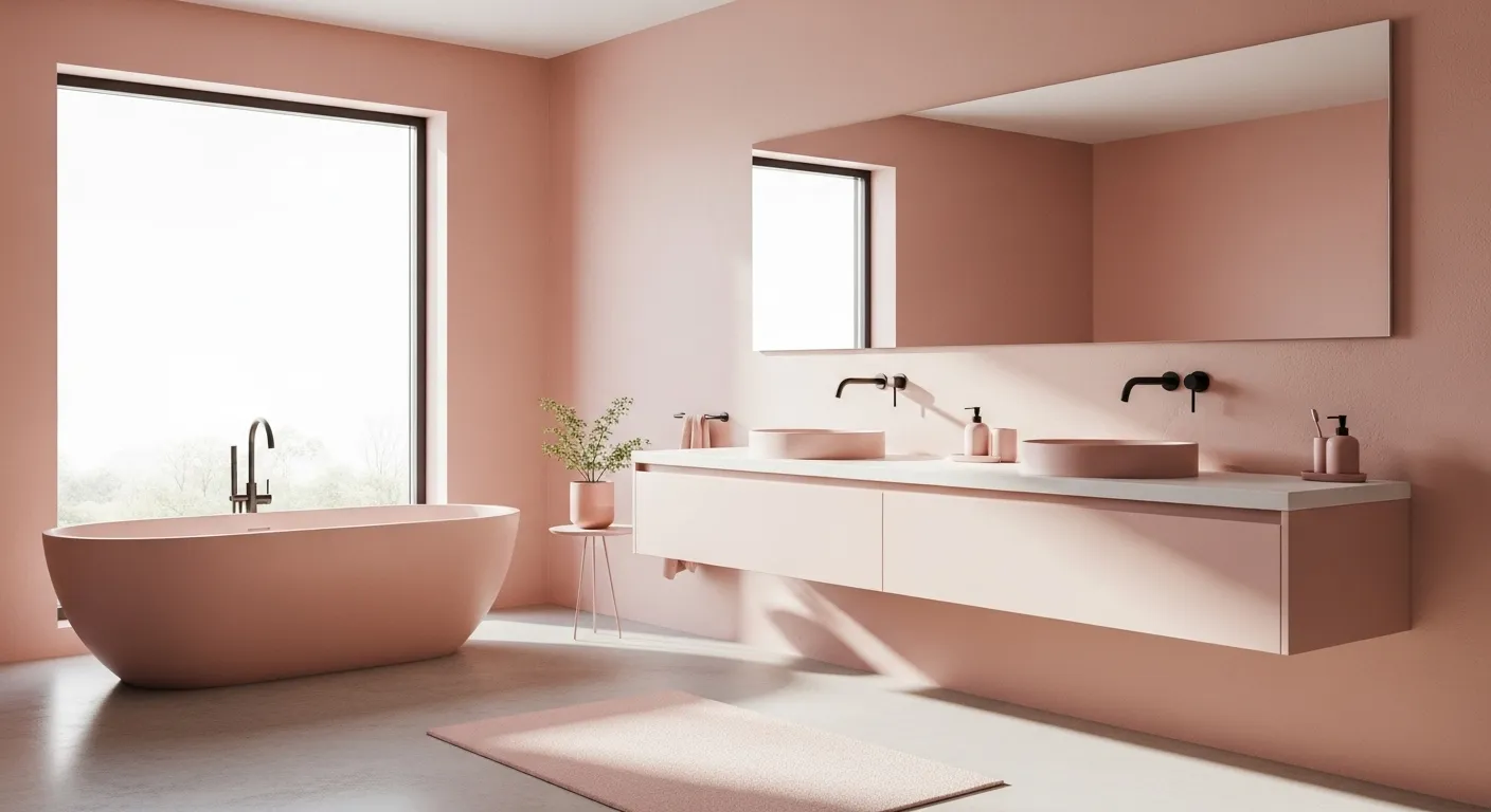 Soft pink minimalist bathroom with freestanding tub, floating double vanity, and black faucets