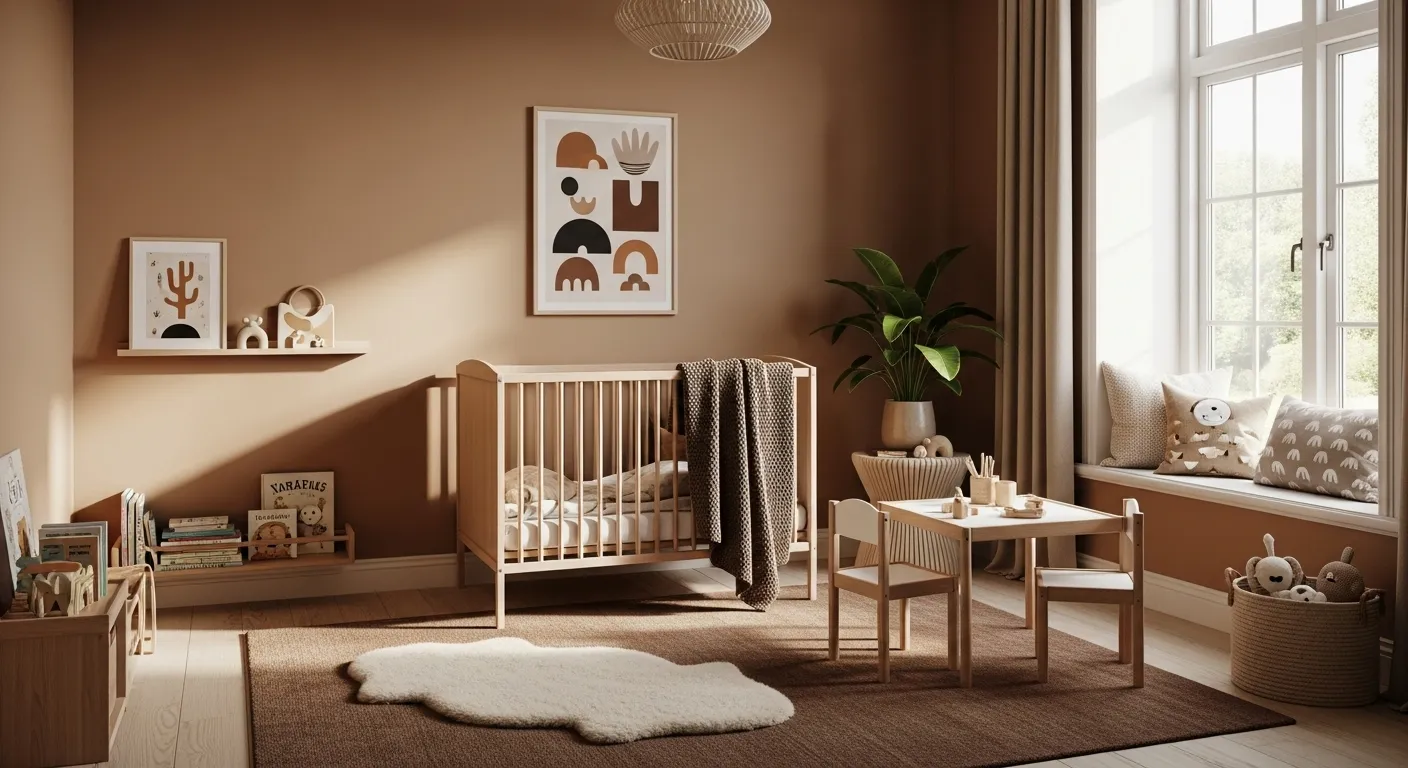 Scandi mocha nursery with wood crib, small table set, and window seat